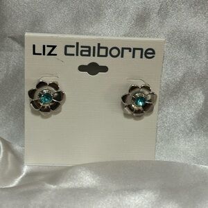 Liz Claiborne Silver Floral Earrings with Teal Center